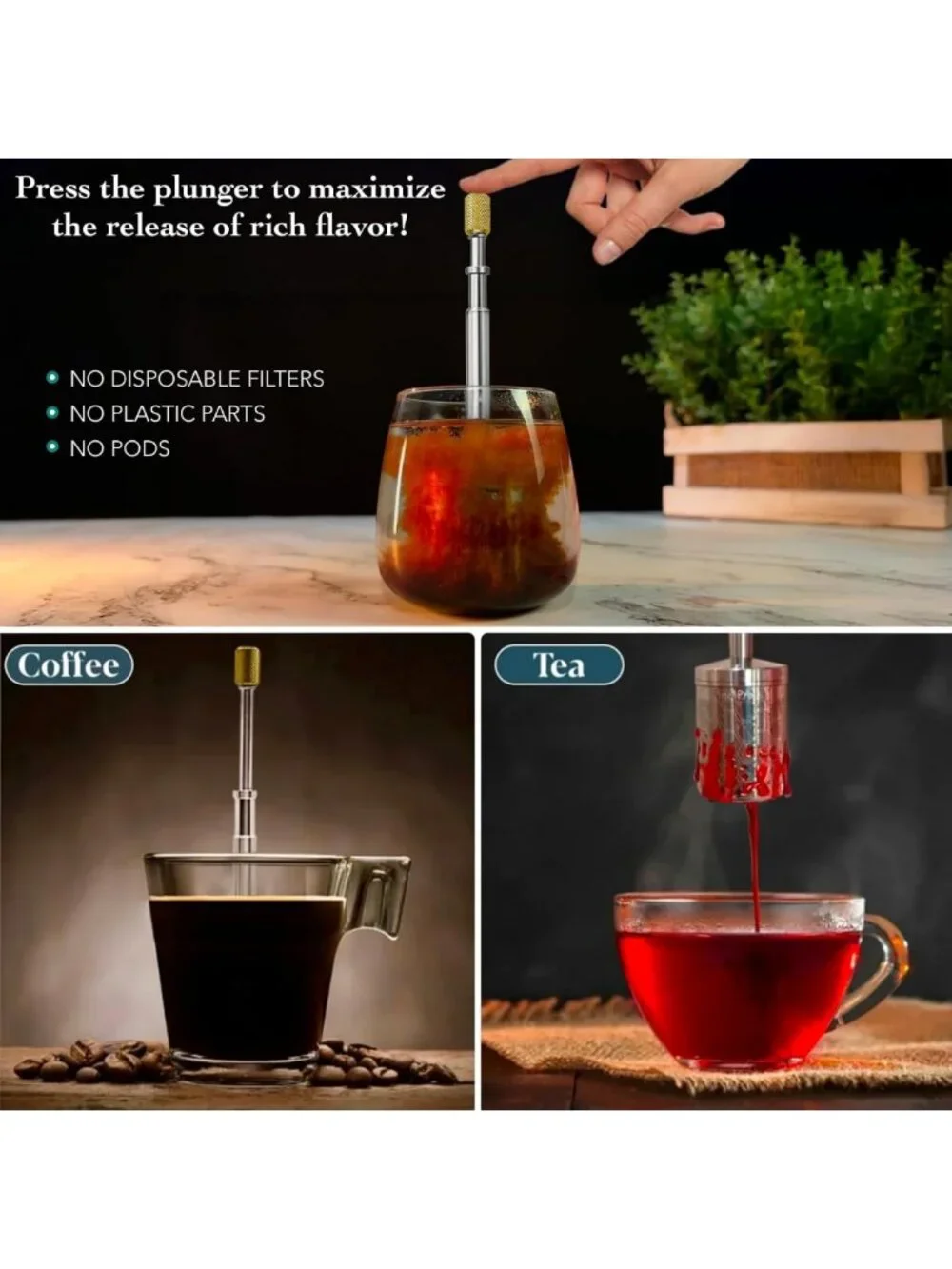 Portable Stainless Steel French Press - 3-in-1 Coffee & Tea Maker for Home
